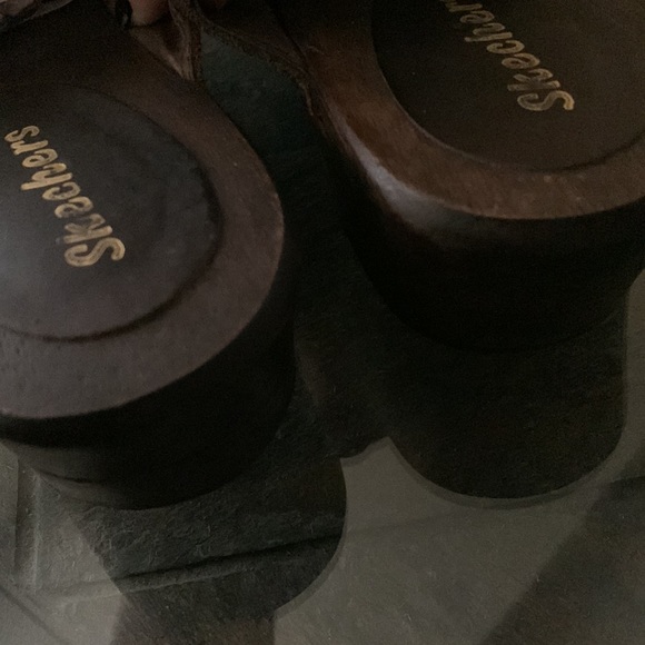 SKETCHERS Wooden Clogs Platform Brown Leather Slip On - Picture 5 of 11